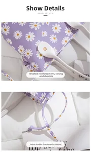 Detail of rivet reinforcement and adjustable knotted strap on purple floral bucket bag