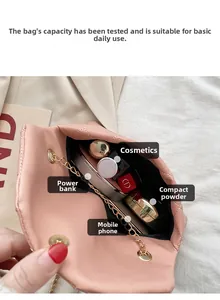 Pink quilted crossbody bag with interior view showing capacity for phone and cosmetics