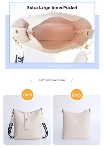 Detail view of cream crocodile pattern bucket bag with wide LOVE strap and large inner pocket