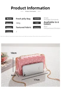 Sac bandoulière rose en gelée avec dimensions 17x10cm et détails sur les compartiments