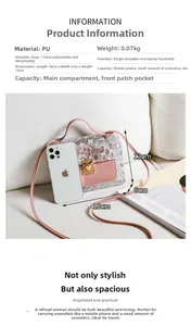 Detailed size view of laser transparent crossbody bag with pink PU trim and gold lock