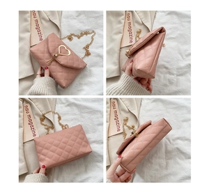 Pink quilted crossbody bag with golden heart lock and tassel shown from multiple angles
