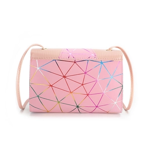 Detail of pink geometric crossbody bag with holographic laser lines and triangle design