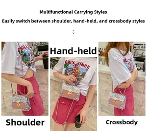 Detailed view of the transparent PVC crossbody bag showing three different carrying styles