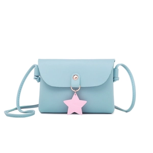 Blue PU leather girls crossbody purse featuring a pink star charm and snap closure