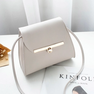Minimalist light grey crossbody bag with gold twist lock and slim shoulder strap