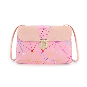 Pink crossbody bag with geometric pattern and gold metal lock on white background