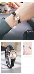 Close-up of elegant square quartz watch with rose gold case and black leather strap