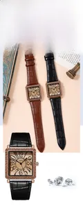 Close-up of vintage square quartz watch with diamond bezel and crocodile leather straps