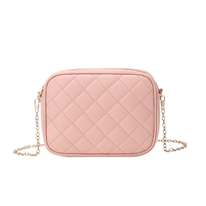 Pink quilted crossbody camera bag with golden chain strap and refined PU leather texture