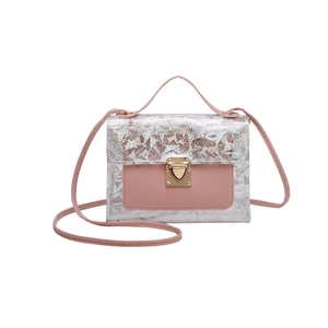 Pink transparent crossbody bag with silver geometric patterns and gold triangular clasp