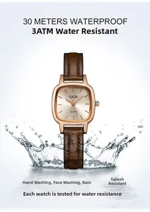 Detailed view of the 3ATM waterproof square quartz watch with brown leather strap
