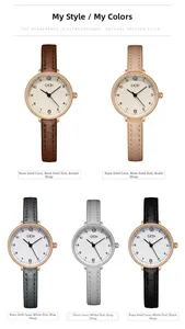 Detailed grid of minimalist small round quartz watches with slim leather straps in 5 colors