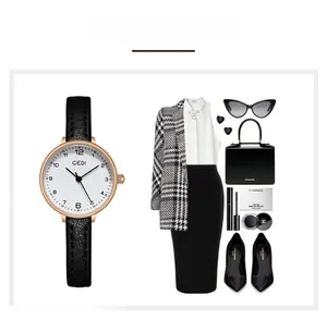 Detail of women's quartz watch with black leather strap and rose gold round metal case