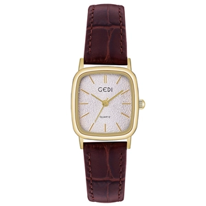 Elegante orologio al quarzo vintage GEDI da donna con cassa dorata e cinturino in pelle marrone