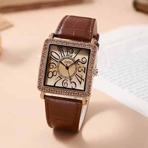 Retro Square Quartz Watch For Women With Rhinestone Alloy Case And Faux Leather Strap Elegant Fashion Wristwatch