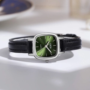 Minimalist square women's watch with emerald green sunburst dial and black leather strap