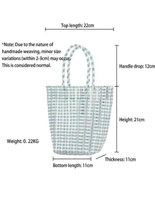 Handwoven blue and white checkered plastic tote bag with detailed size measurements