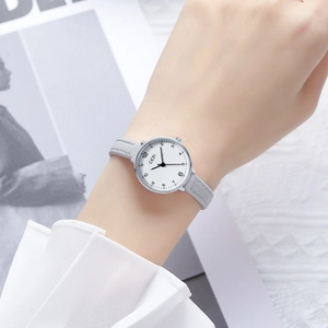 Minimalist women's quartz watch with silver case, white dial and light grey leather strap