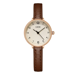 Minimalist GEDI quartz watch with rose gold round case and dark brown leather strap