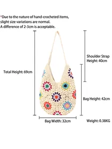 Handmade colorful floral crochet tote bag with off-white cotton yarn and dimensions shown