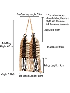 Striped woven tote bag with tassels and wooden beads, bohemian style shoulder bag