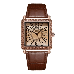 Elegant vintage square rose gold watch with sparkling crystals and brown leather strap