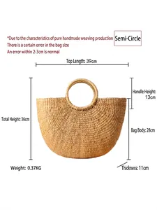 Handwoven semi-circle straw beach bag with round handles and detailed size dimensions