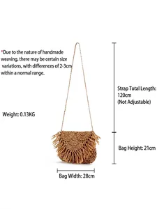 Handmade crochet shoulder bag with bohemian tassels and brown woven straw for beach vacations