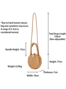 Handwoven round cotton rope crossbody bag in khaki with precise size specifications