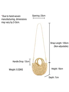 Sac à main en paille beige et bandoulière avec dimensions détaillées incluses