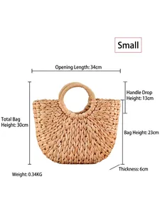 Petit sac cabas en paille de maïs tressé main pour la plage avec dimensions détaillées