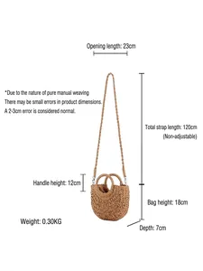 Handmade semi-circle straw beach bag with round handles and long crossbody strap