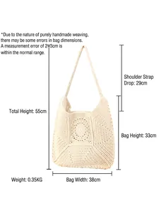 Handmade bohemian crochet tote bag in beige cotton cord with hollow geometric patterns