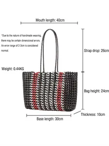 Handmade woven tote bag with tricolor checkerboard pattern and detailed dimensions
