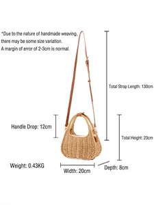Borsa in paglia intrecciata a mano con manici in pelle, misure mostrate 20x8x23cm