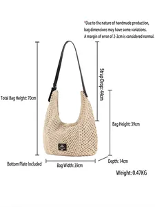 Handwoven straw tote bag with dimensions 39x39x14cm and black leather shoulder strap