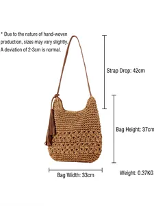 Handwoven vintage brown shoulder bag with fringe tassel and detailed size specifications
