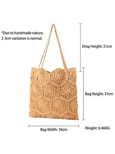 Handmade khaki crochet tote bag with hexagonal floral patterns for beach vacation use