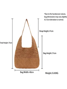 Sac fourre-tout de plage en coton tissé ajouré de grande capacité au style paille rustique