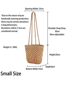 Handmade woven tote bag for beach vacations with detailed size chart measurements