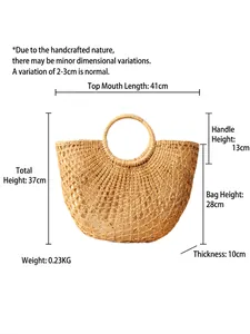 Handgefertigte halbrunde Stroh-Handtasche für den Strandurlaub, Maße 41x28x10cm