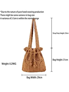 Handmade woven shoulder bag in dark khaki with floral patterns and size specifications