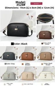 Detail view of small faux leather crossbody bag showing dimensions 19x8x12cm and color options