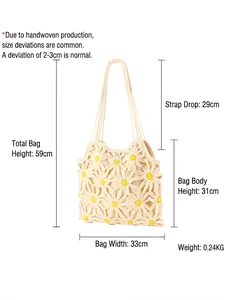 Handmade crochet cotton rope tote bag with daisy pattern and detailed dimensions