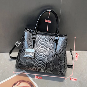 Detailed view of silver snakeskin handbag showing dimensions and small charm pendant