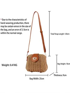 Handwoven straw crossbody bag with brown leather flap and adjustable long strap
