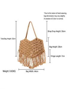 Bohemian beige cotton rope woven tote bag with fringe tassels and size specifications