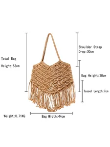Handwoven bohemian cotton rope bag with tassels showing detailed dimensions for travel