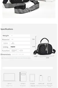 Detailed spec sheet of black quilted PU leather handbag with striped strap and charm